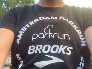 Black Brooks parkrun t-shirt for Amsterdam Marathon