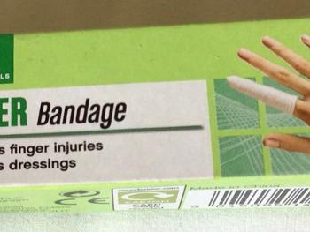 This shows a box of six finger bandages available from Boots and other pharmacies 