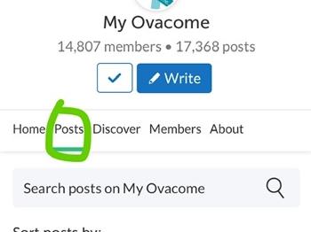 Screenshot of My Ovacome “posts” page showing search box