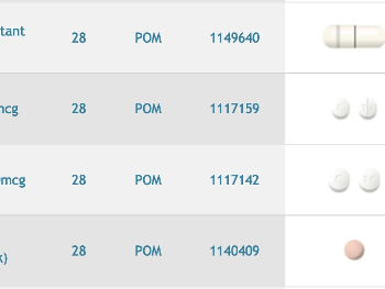 Screenshot of Almus showing levothyroxine + products before & after - 50 & 100 microrgam