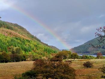 A rainbow over a beautiful Welsh valley