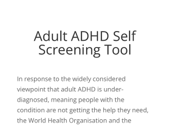 Screenshot of Online screening tool from UK website for self identifying adhd 