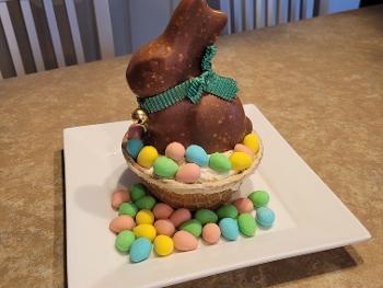 Chocolate Easter Bunny and a waffle bowl of vanilla bean ice cream.