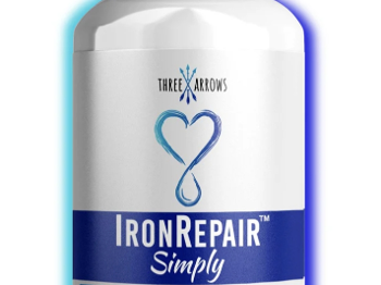 White and blue bottle with three arrows logo and a heart that reads iron repair 