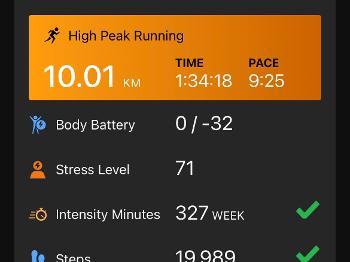 Garmin record of my 10K run for the summer challenge.