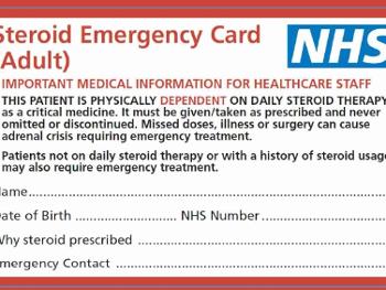 An image of the red-boardered Steroid Emergency Card. The patient should also carry a STC.