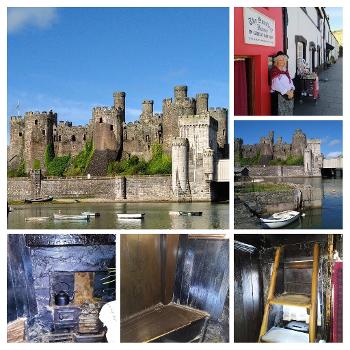 Collage of photos of ancient castle and interior shots of tiny old house.
