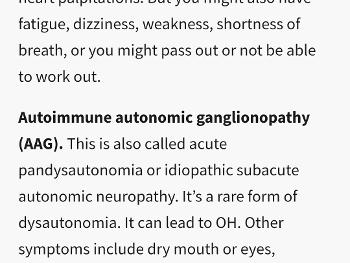 Description of dysautonomia symptoms including Adie's pupil, gastroparesis and HR issues