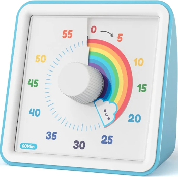 60 minute timer with smiley cloud minute hand and a rainbow showing how much time is left