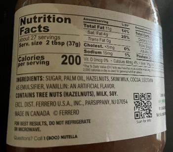 Commercial Nutella Nutrition facts/Ingredients Label