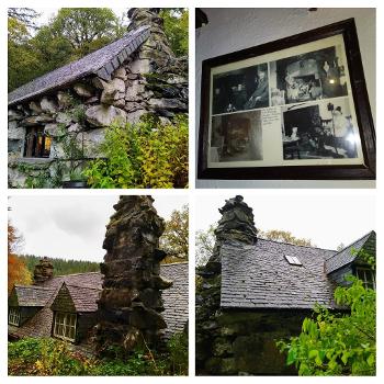 Collage inc huge chimney etc and a photo of pics of previous owners by the fireplace