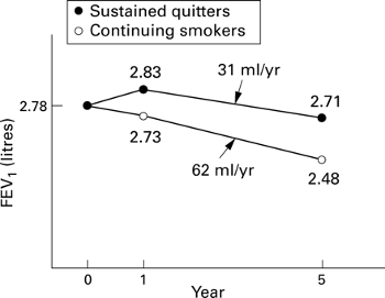 Decline in FEV1 vs smoking status