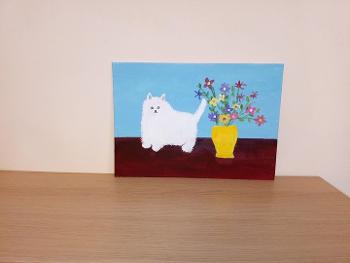 White cat inspired by Maud Lewis.