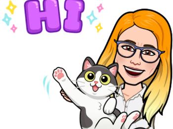 me with orange over yellow long hair holding my cat who holds up a paw. Bitmoji