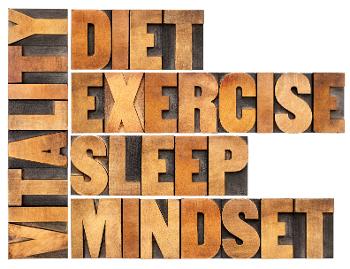 Picture of wall hanging with  message that says Vitality, Diet, Exercise, Sleep, Mindset