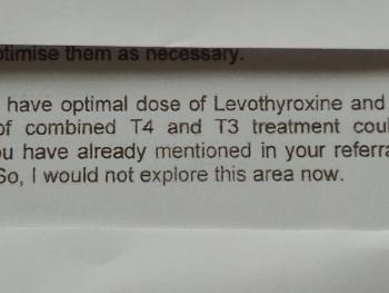 The letter from endocrinologist to me re summary of put telephone conversation