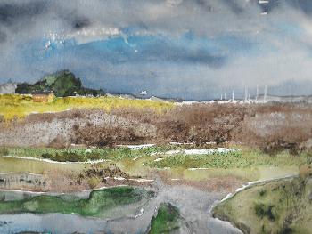 Watercolour painting of a nearshore marsh with a yacht club in the background.   