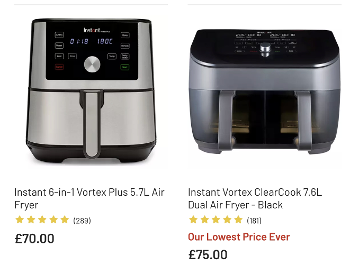 5.7 litre air fryer £70, and 6.7 litre dual drawer model £75