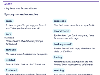 Screenshot of synonyms of 'furious'