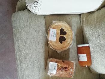 Mince pie, cherry cake and jar of marmalade 