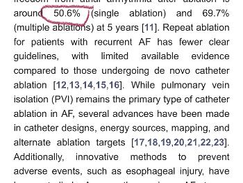 Percentage of efficiency of catheter ablations. First time: 50%.