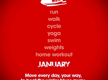 RED January logo with various movement suggestions like run, walk, cycle, yoga, swim... 