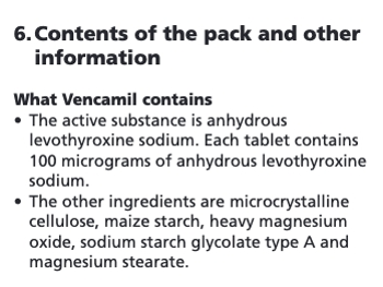 Screenshot of Aristo levothyroxine/Vencamil Patient Information Leaflet on MHRA's website