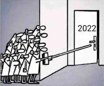 people peeking cautiously in through door marked  2022