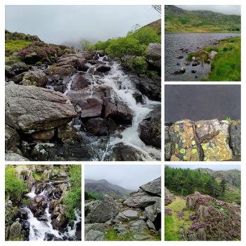 Collage of mountain pics with waterfalls, rocks, lakes and mountains.
