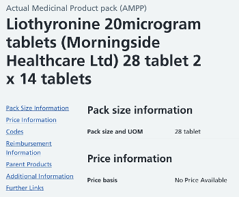 Screenshot of Morningside 20microgram liothyronine from Morningside on dm+d