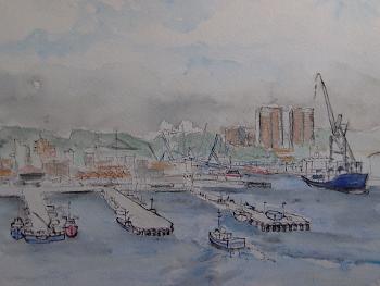 watercolour of a harbour  from a cruise ship