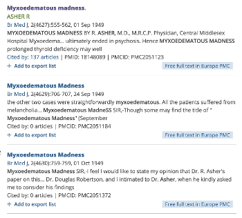 Screenshot of search for asher myxoedematous madness in EuropePMC