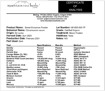 Mountain Rose Herbs cinnamon COA