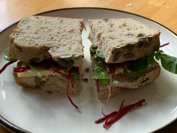 Gluten free sandwich with salad. 