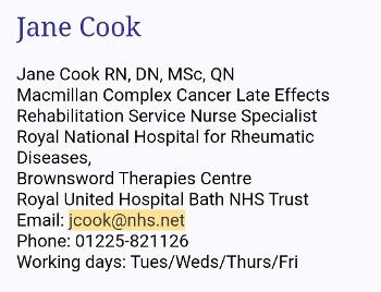 Contact information for Jane Cook, Late Effects Rehabilitation Service. Bath
