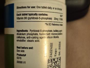 Supplement information for Nutri-meds B6 which shows it is pyridoxal-5-phoshate 25mg