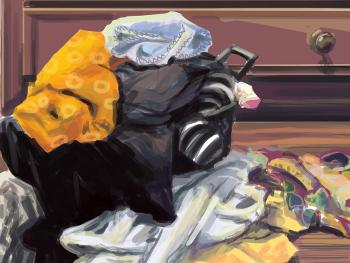 Still life painting of pile of dirty clothes