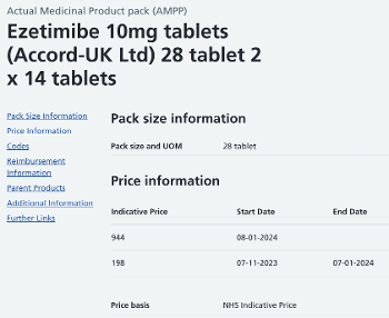 Screen shot of dm+d price details