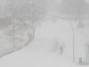 Snowstorm. Two people walking along a street. 