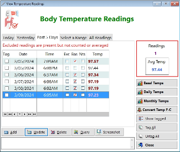 Screenshot of  body temperature readings