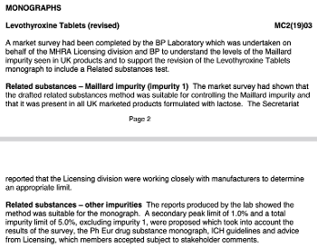 Screenshot of minutes of BPC meeting re levothyroxine purity from 2019