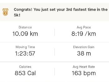 Photo of my 10k stats from Strava