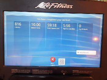 Screenshot of treadmill stats after completing 10k run.