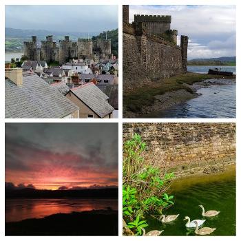 Collage of photos showing Conwy town, castle, castle walls, and sunset from the bridge.