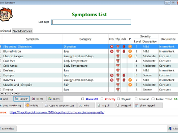 Screen shot showing a list of thyroid and adrenal symptoms