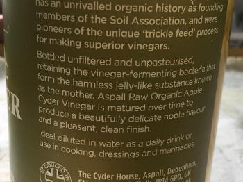 Info. about ‘the mother’ contained in a bottle of cider vinegar. 