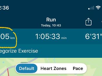 Screenshot showing distance of 10.05km covered in 1hr 5mins.