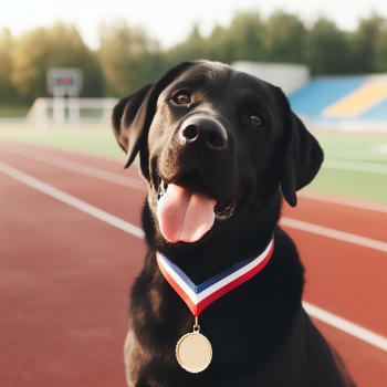 Black labrador with a medal