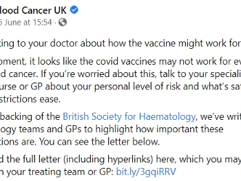 Copy of text from Blood Cancer UK Facebook post outlining details of letter to GPs,