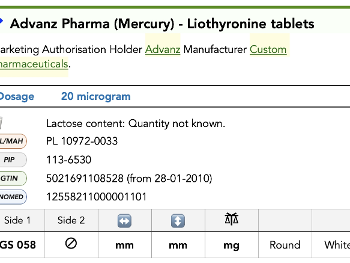 Screenshot of Advanz Mercury Pharma Liothyronine from UK meds document